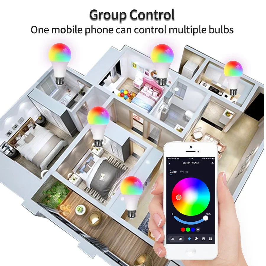 AC85-265V 15W E27 Bluetooth Smart Bulb Tuya Smart Life APP Control RGBCW Colorful Timing Function Dimmable Music Sync Home Decor